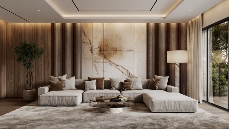 Contemporary interior with plants, floor lamp, and cozy decor styling