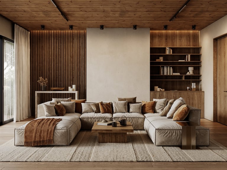 Contemporary loft interior with cozy sofa pillows carpet wood panels warm atmosphere