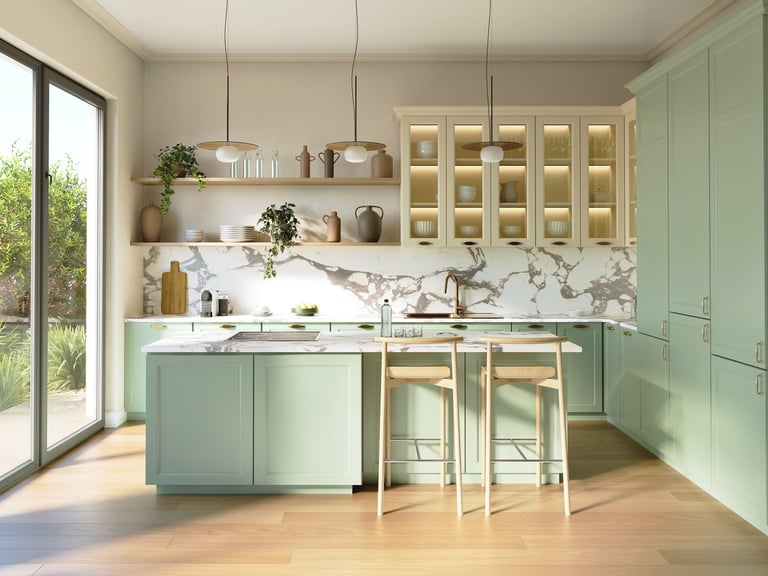 Light green and beige rustic country kitchen with white marble island