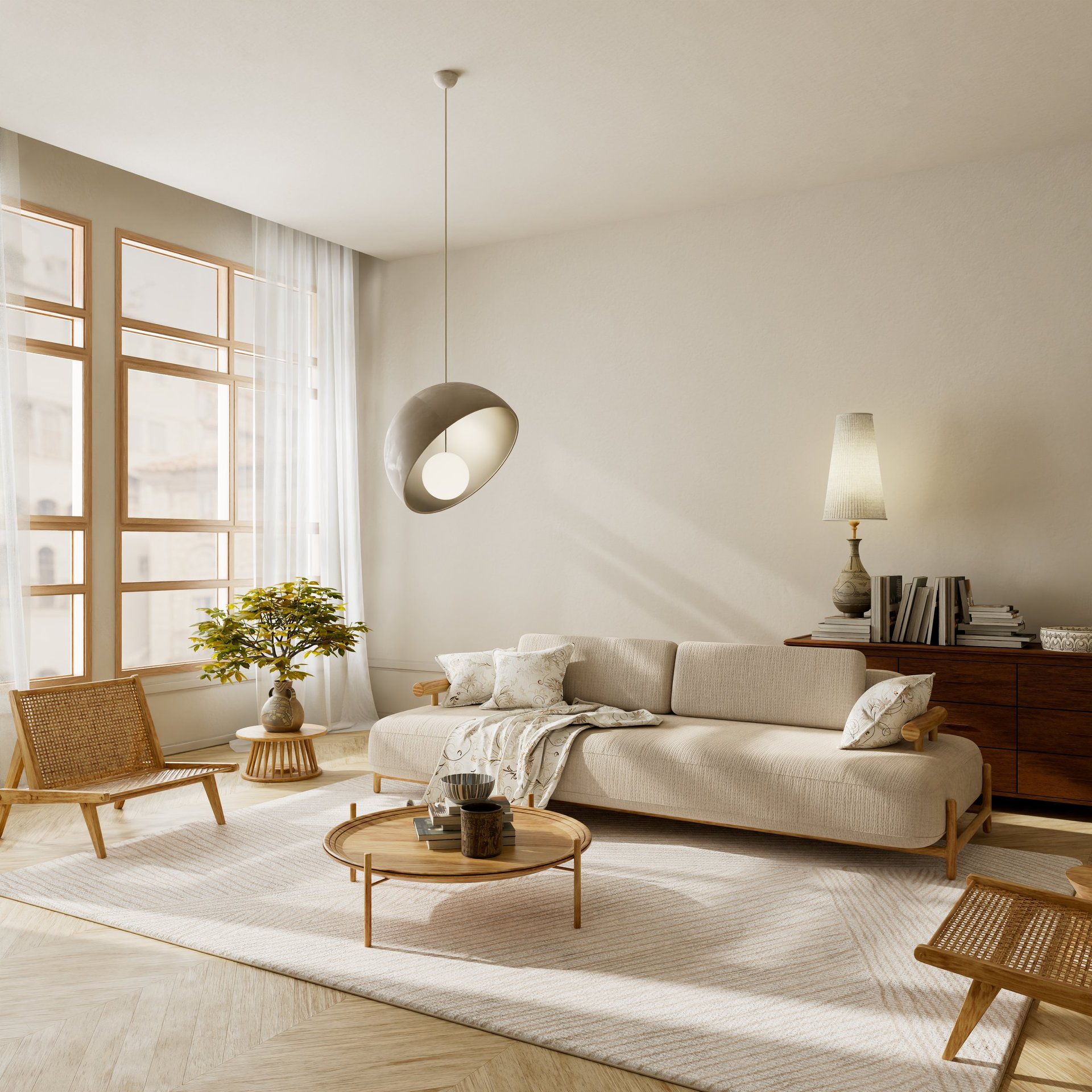 Serene neutral living room with wooden furniture, soft lighting and beautiful area rug