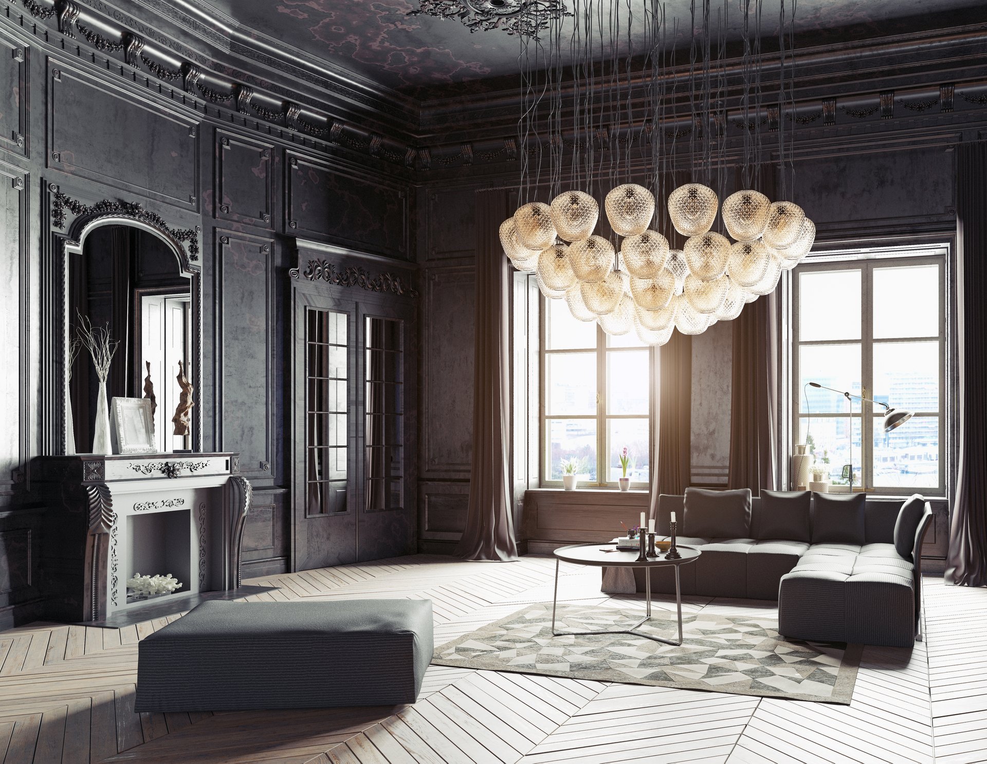 A 3d rendering of a luxurious living room with dark classic wall paneling, a high ceiling, and a light wood floor