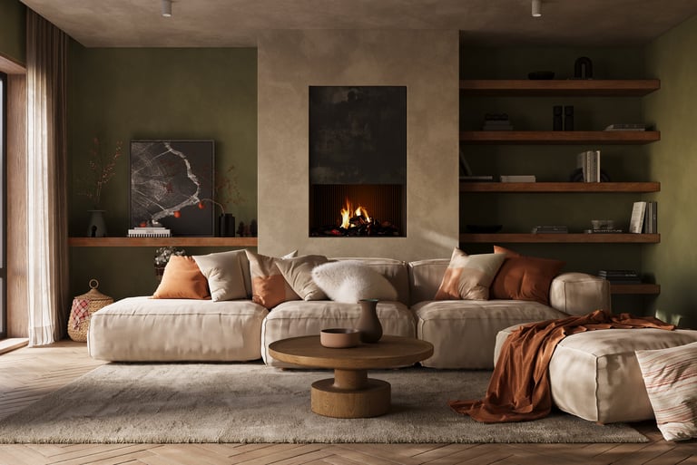 Warm earth-toned living room interior with rustic wooden elements cozy atmosphere