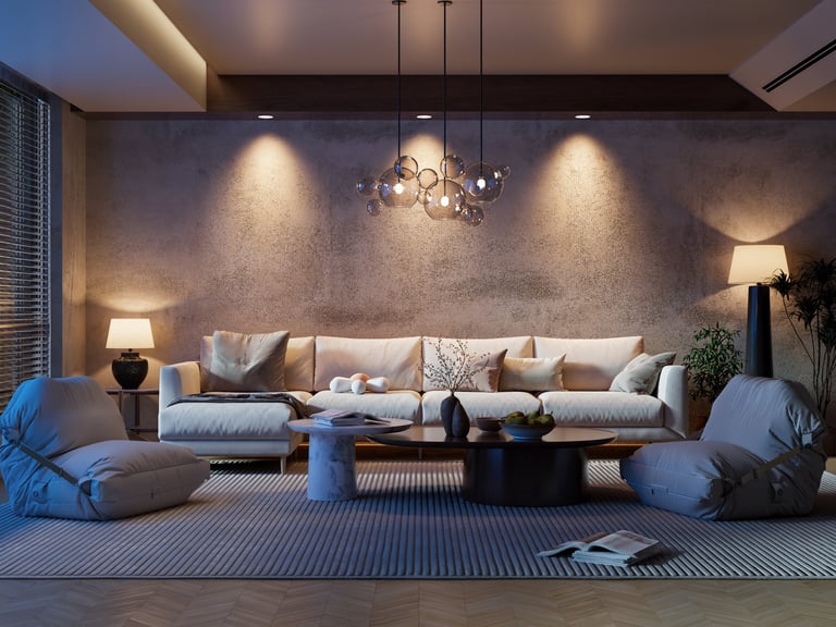Cozy living room with warm spotlights and modern furniture at night dramatic atmosphere