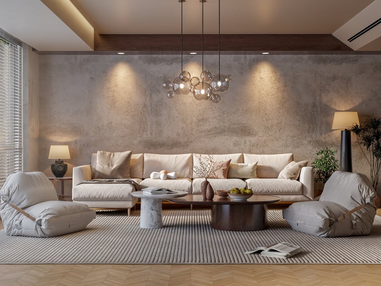 Cozy warm living room with textured wall and sculptural chandelier