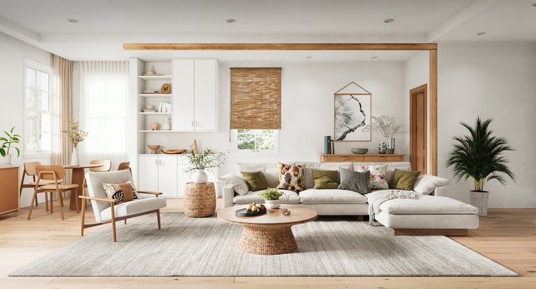 Bright modern Scandinavian living room interior with natural wood furniture and neutral color palette
