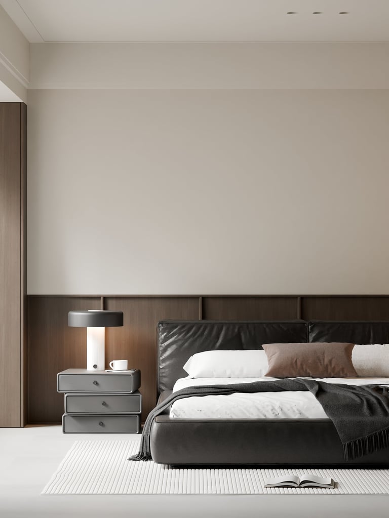 Modern minimalist bedroom interior with clean lines and neutral tones