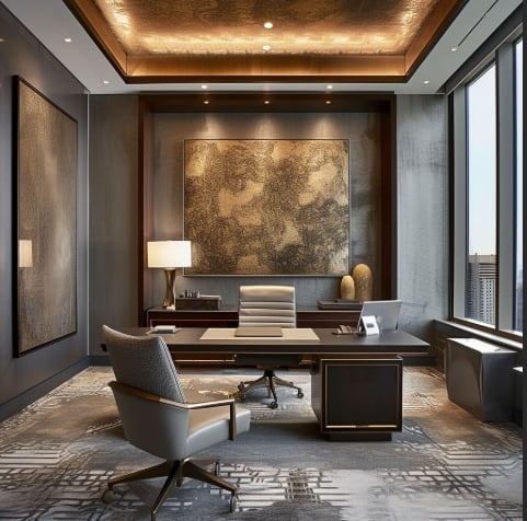 Modern luxury executive office with dark wood desk, gray upholstered chair, gold textured wall art, warm ceiling lighting, and floor-to-ceiling windows overlooking cityscape