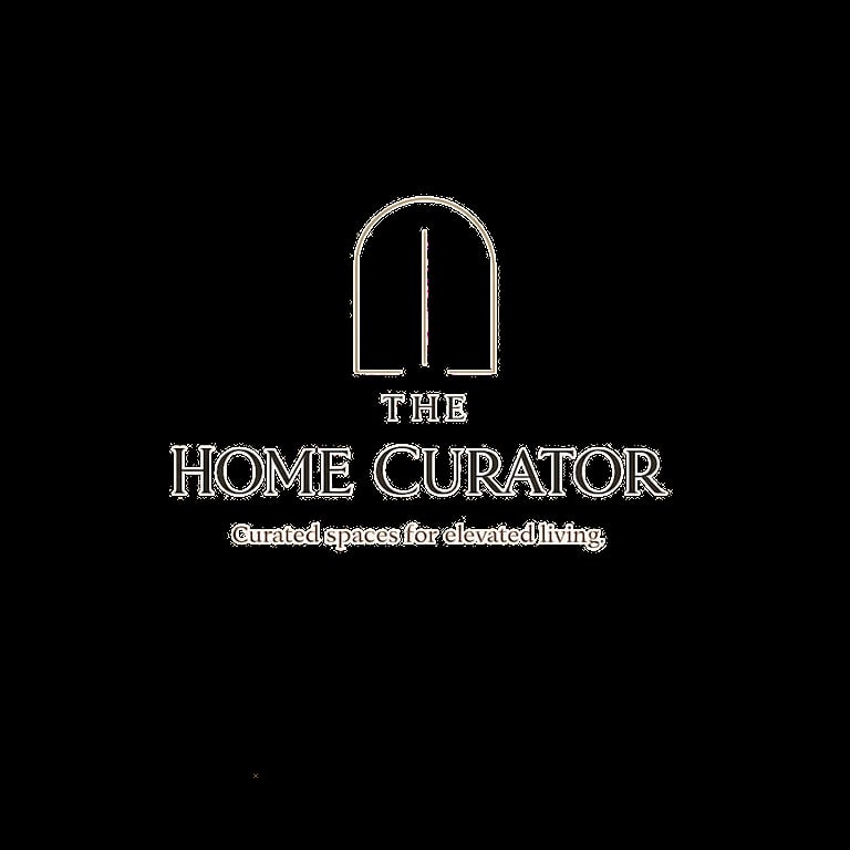 The Home Curator logo with an arched doorway icon and tagline Curated spaces for elevated living