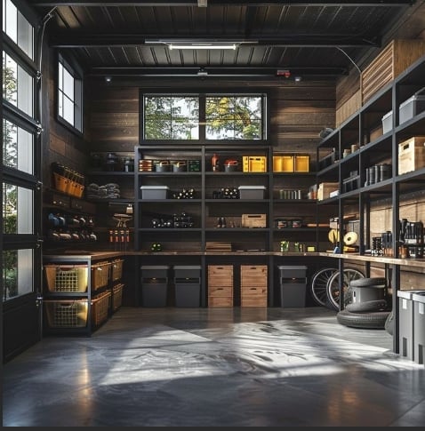 Modern garage interior with extensive wall shelving, concrete floors, large windows, and organized storage for tools and equipment