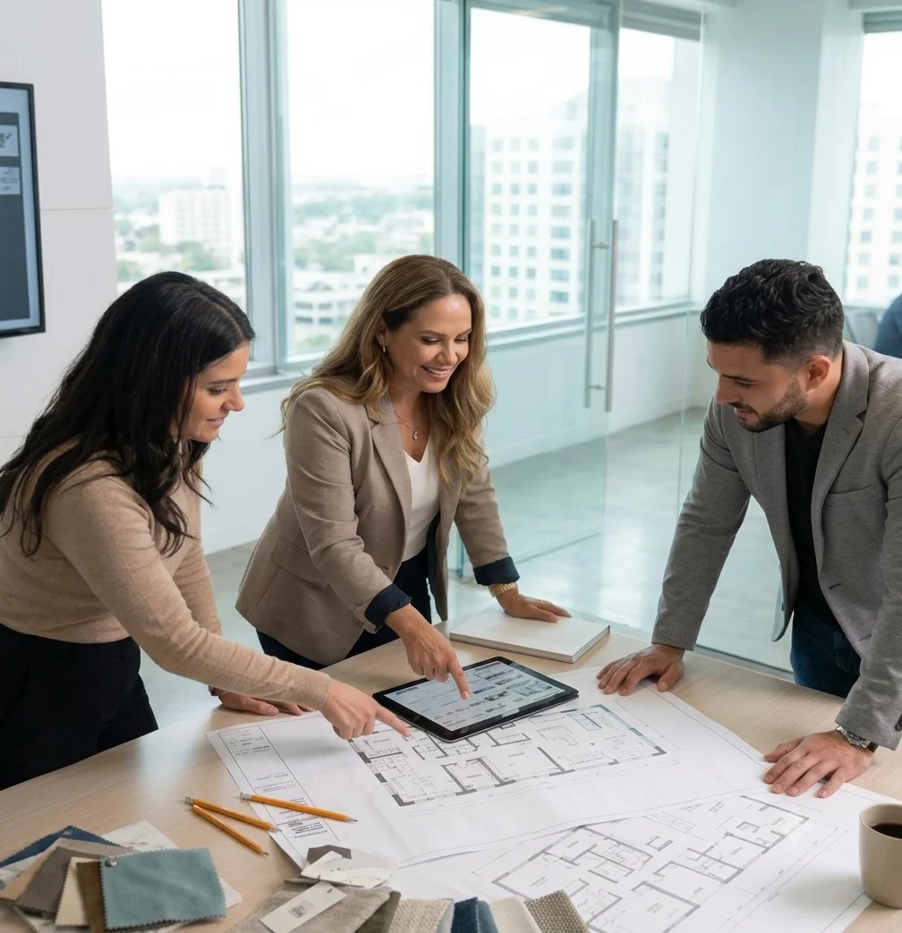 Three professionals reviewing architectural blueprints and tablet at modern office table with city skyline view