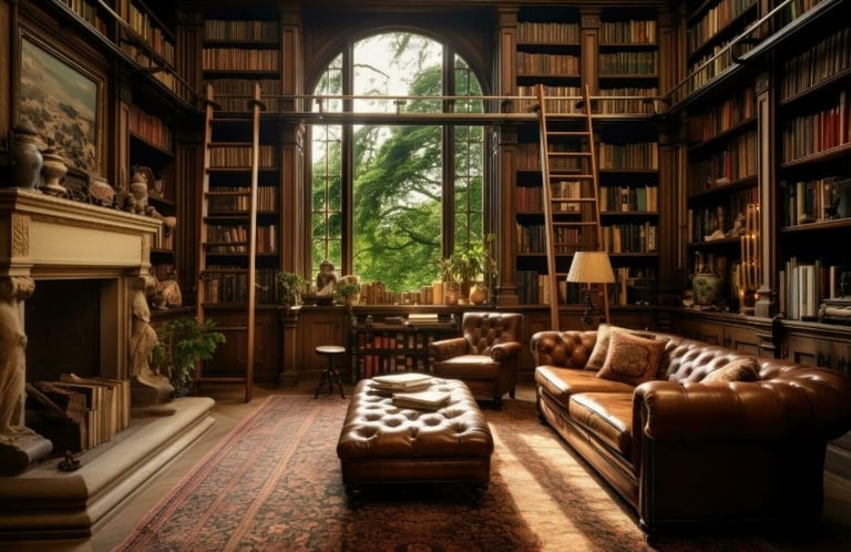 Luxurious library study with floor-to-ceiling bookshelves, leather furniture, fireplace, and large arched window overlooking lush greenery