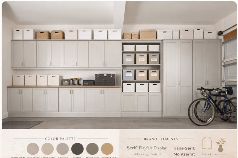Organized garage with white wall-mounted cabinets storage boxes and a bicycle showcasing professional organization transformation