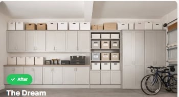 Organized white garage storage wall with cabinets and shelving, featuring a bicycle and an After label indicating renovation completion