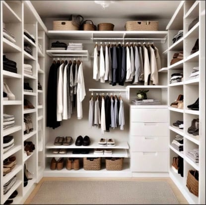 Well-organized walk-in closet with white shelving, hanging clothes, drawers, shoes, and woven baskets on neutral flooring