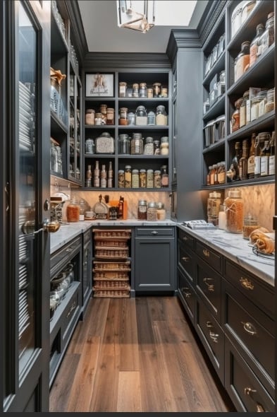 Luxury black walk-in pantry with glass-front cabinets, marble countertops, wooden shelves, and organized glass storage jars